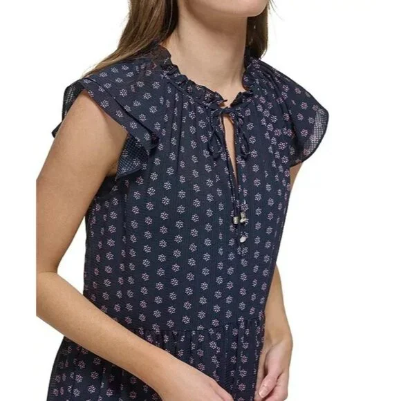 129$ Tommy Hilfiger Bella Floral Flutter-Sleeves Shift Dress Size 8 Navy Blue - Picture 4 of 4